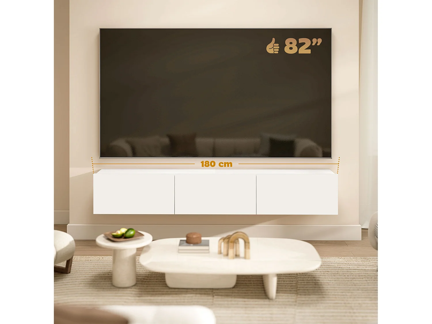 Mobile porta tv fino 82" sospeso con 3 armadietti bianco