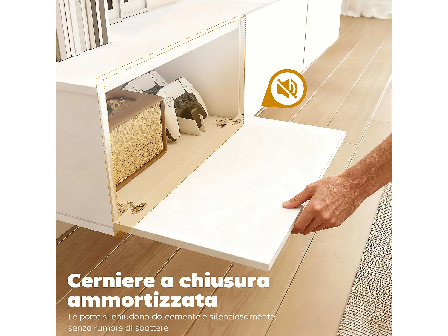 Mobile porta tv fino 82" sospeso con 3 armadietti bianco