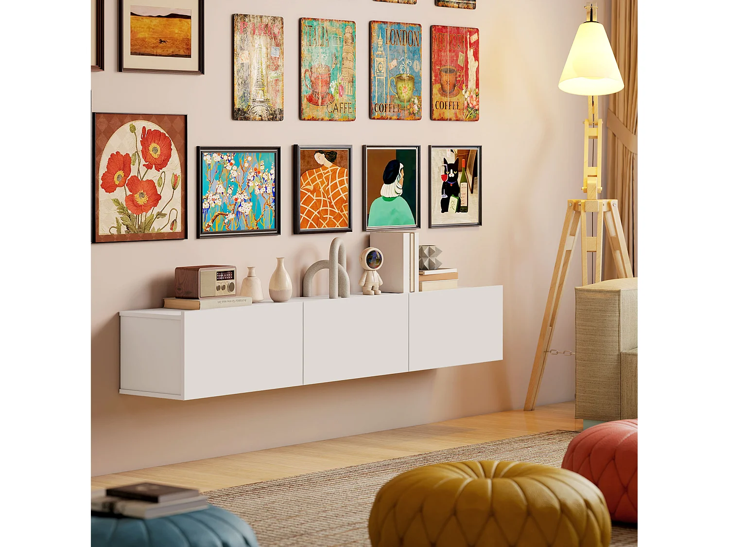 Mobile porta tv fino 82" sospeso con 3 armadietti bianco