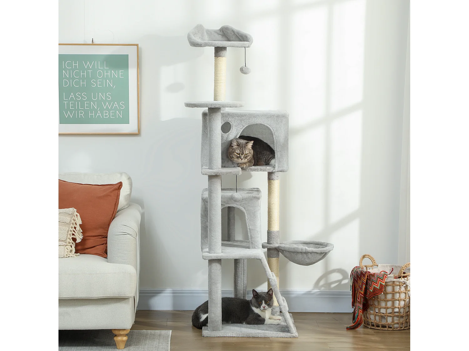 Albero tiragraffi per gatti alto 160 cm con 2 casette e amaca grigio