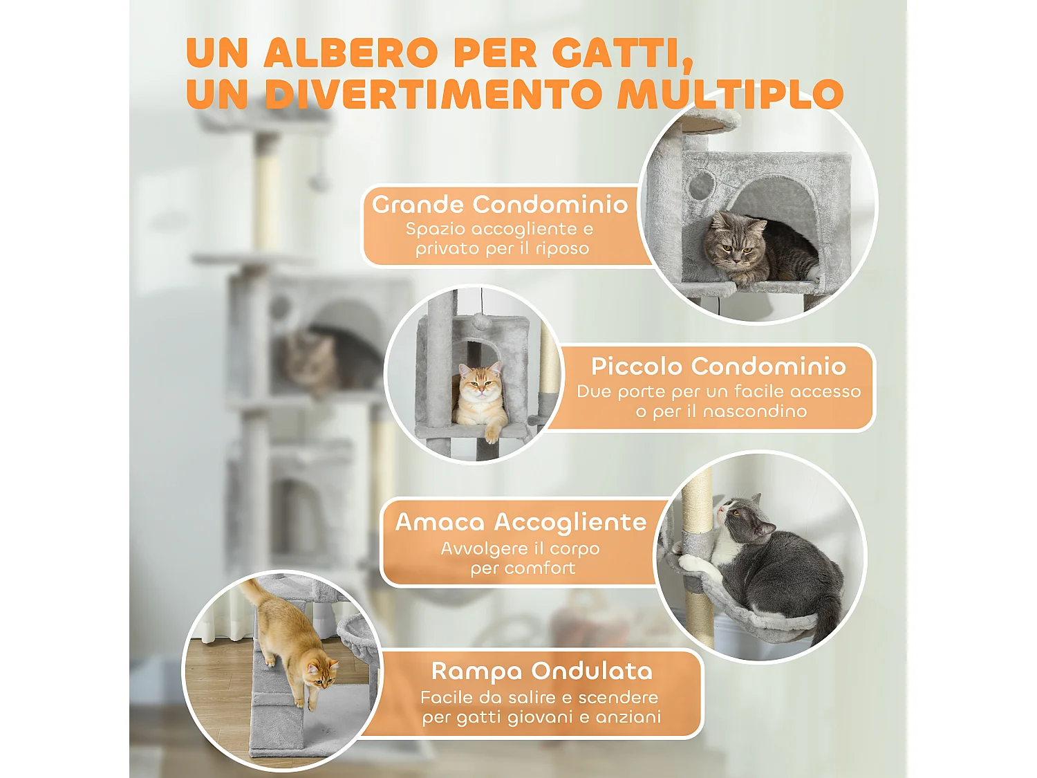 Albero tiragraffi per gatti alto 160 cm con 2 casette e amaca grigio
