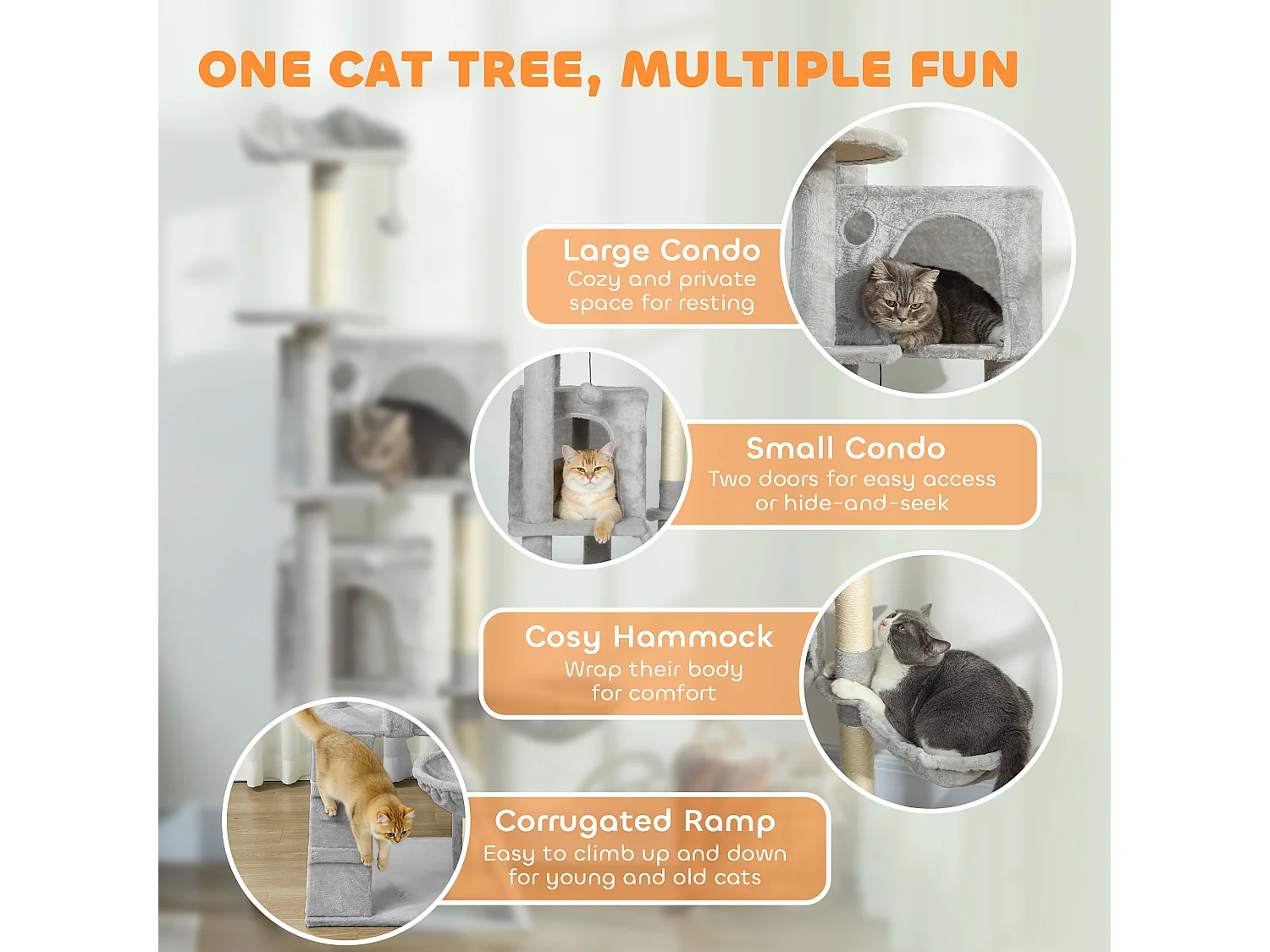 Albero tiragraffi per gatti alto 160 cm con 2 casette e amaca grigio
