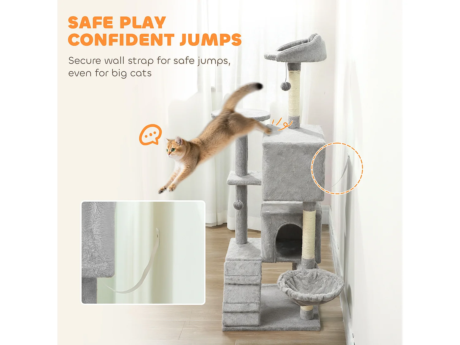 Albero tiragraffi per gatti alto 160 cm con 2 casette e amaca grigio