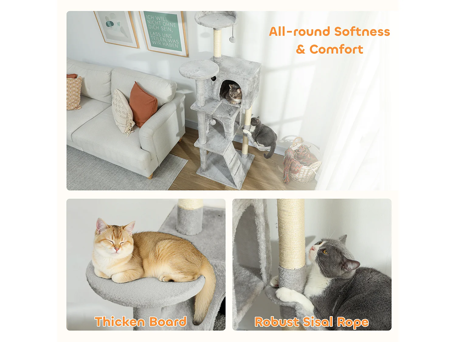 Albero tiragraffi per gatti alto 160 cm con 2 casette e amaca grigio