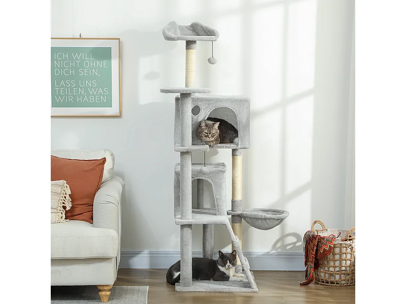 Albero tiragraffi per gatti alto 160 cm con 2 casette e amaca grigio