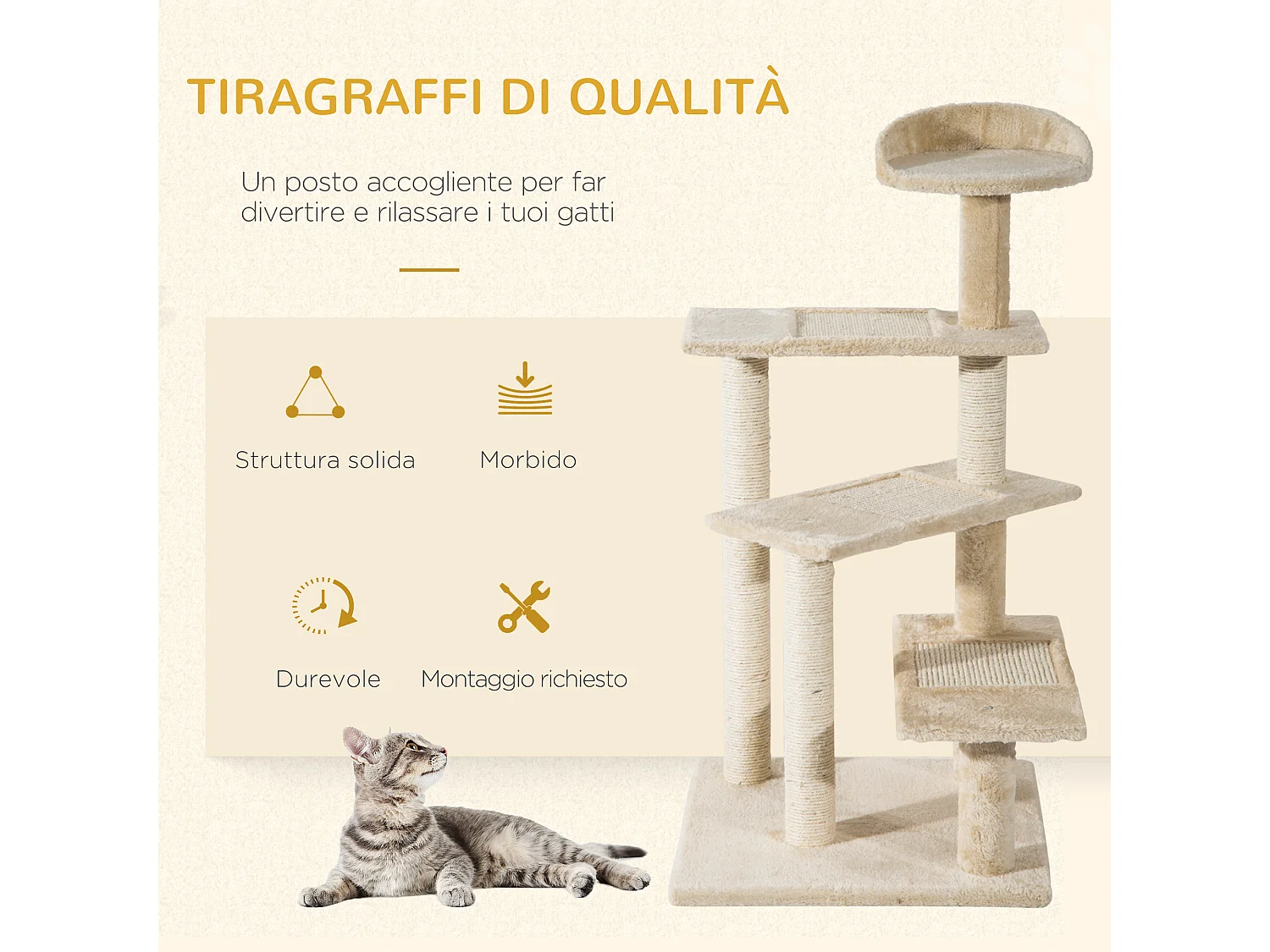 Trespolo per gatti multilivello tiragraffi in sisal e cuccia