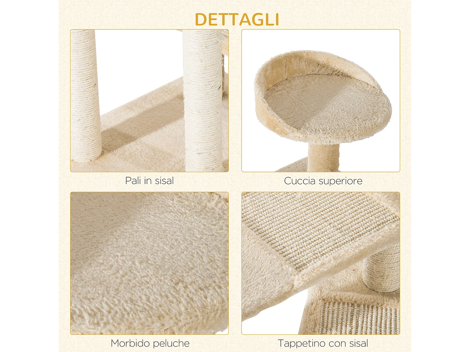 Trespolo per gatti multilivello tiragraffi in sisal e cuccia