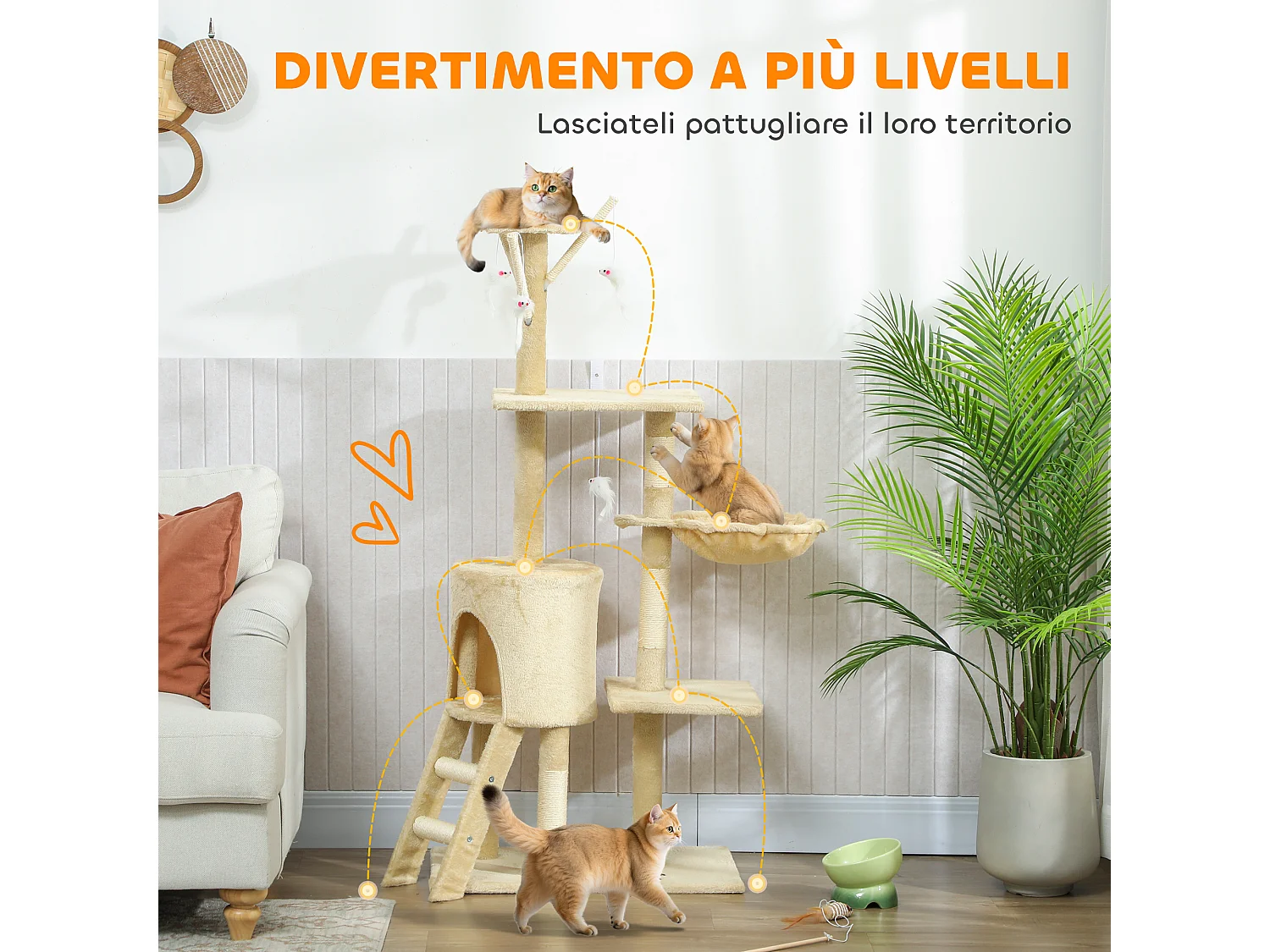 Torre per gatti con casetta, trespolo, piattaforme e 4 topolini beige