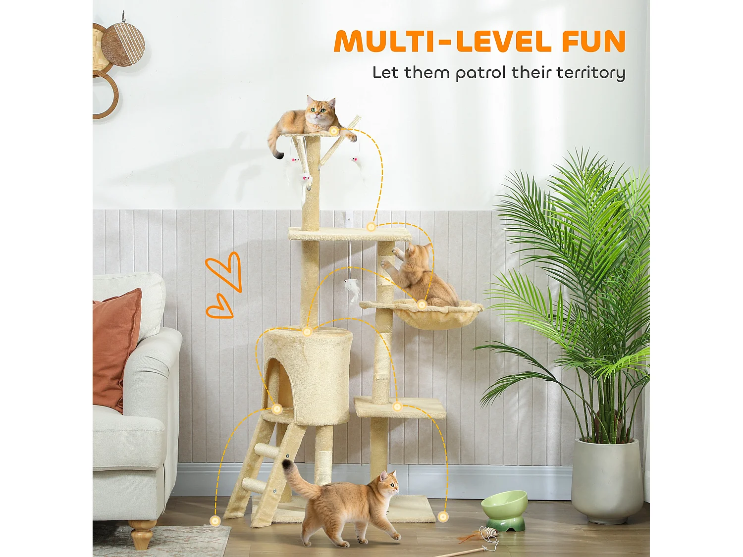 Torre per gatti con casetta, trespolo, piattaforme e 4 topolini beige