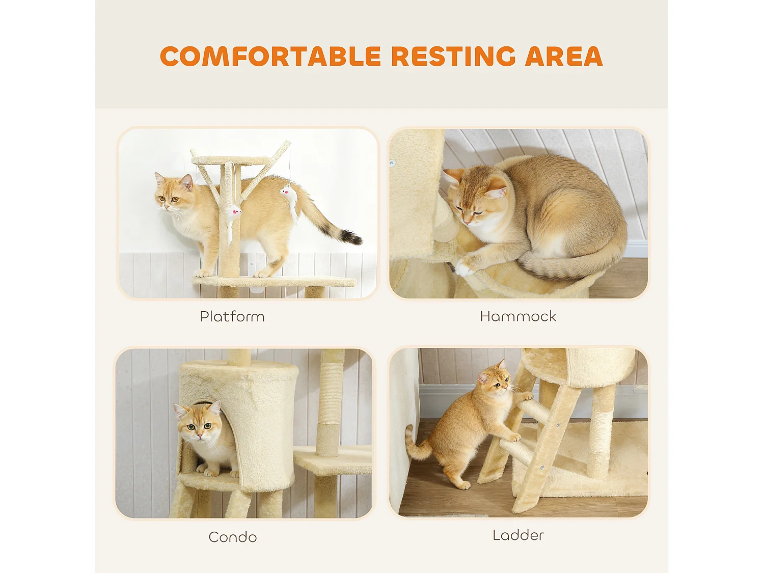 Torre per gatti con casetta, trespolo, piattaforme e 4 topolini beige