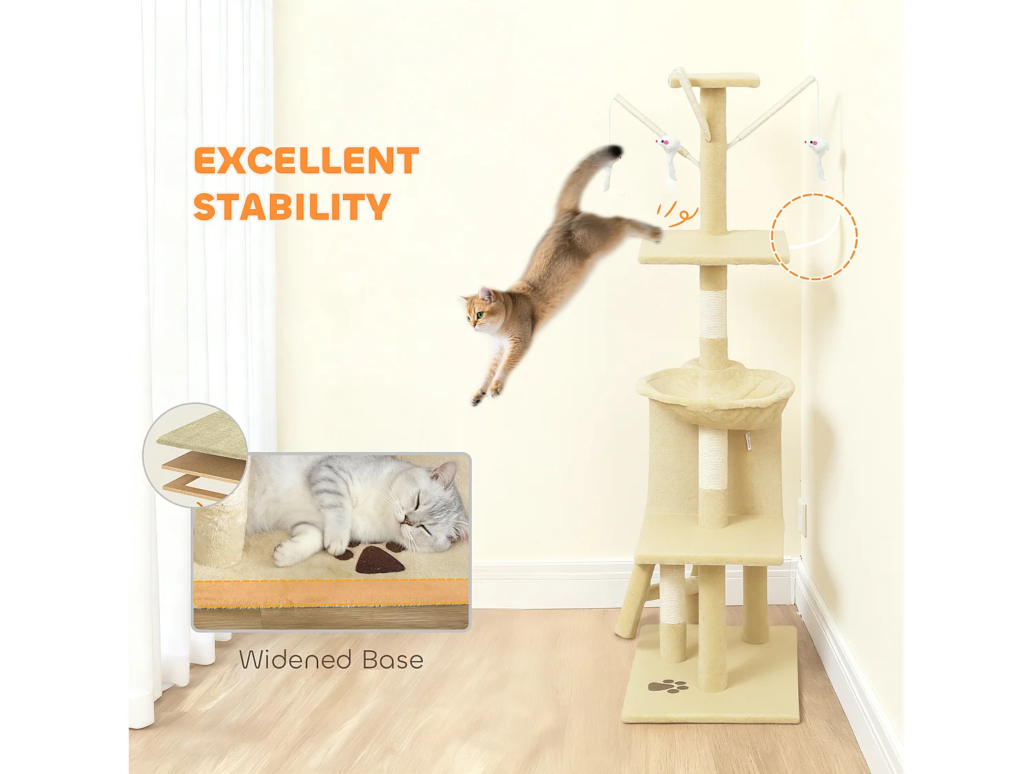 Torre per gatti con casetta, trespolo, piattaforme e 4 topolini beige