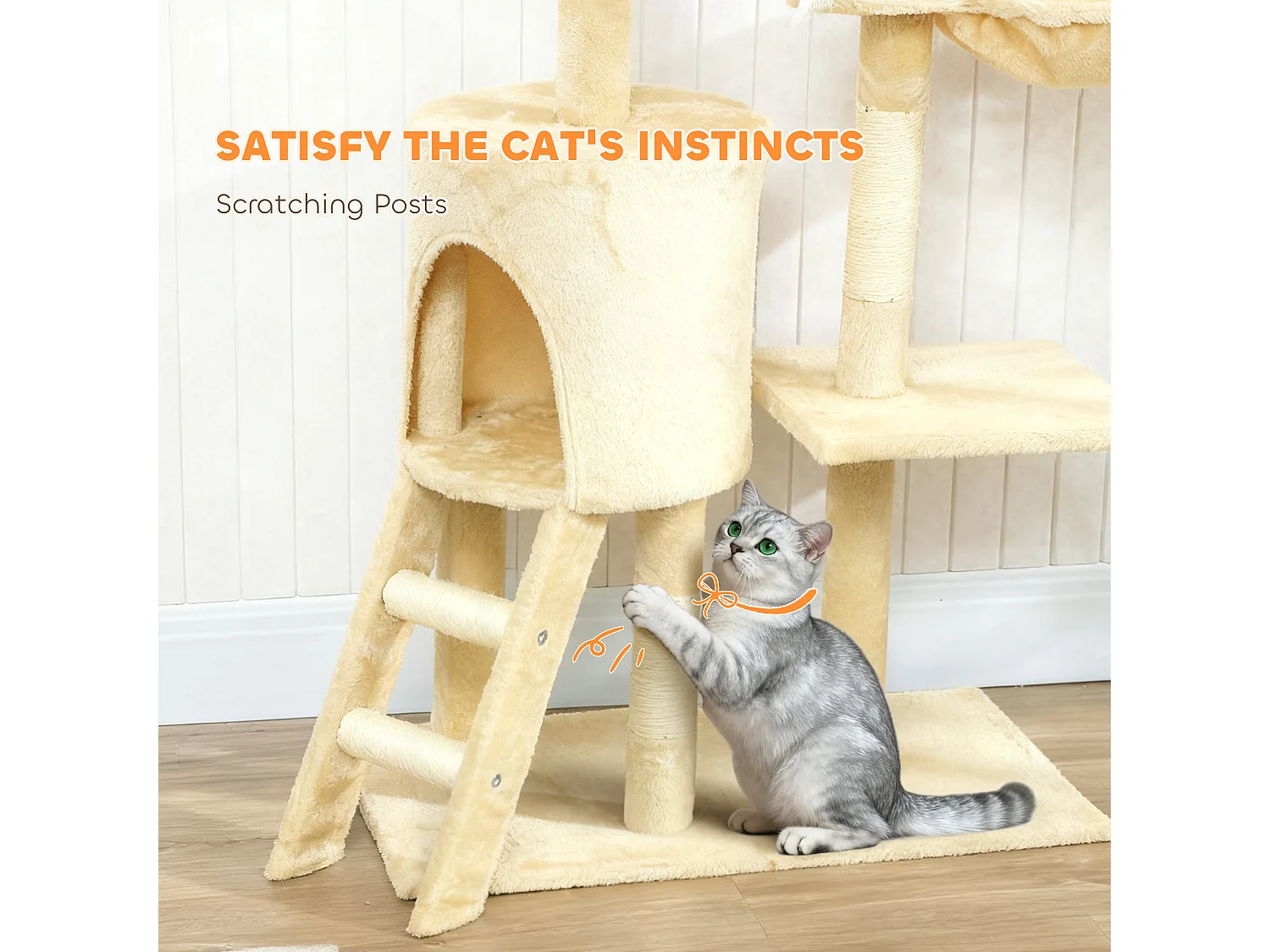 Torre per gatti con casetta, trespolo, piattaforme e 4 topolini beige