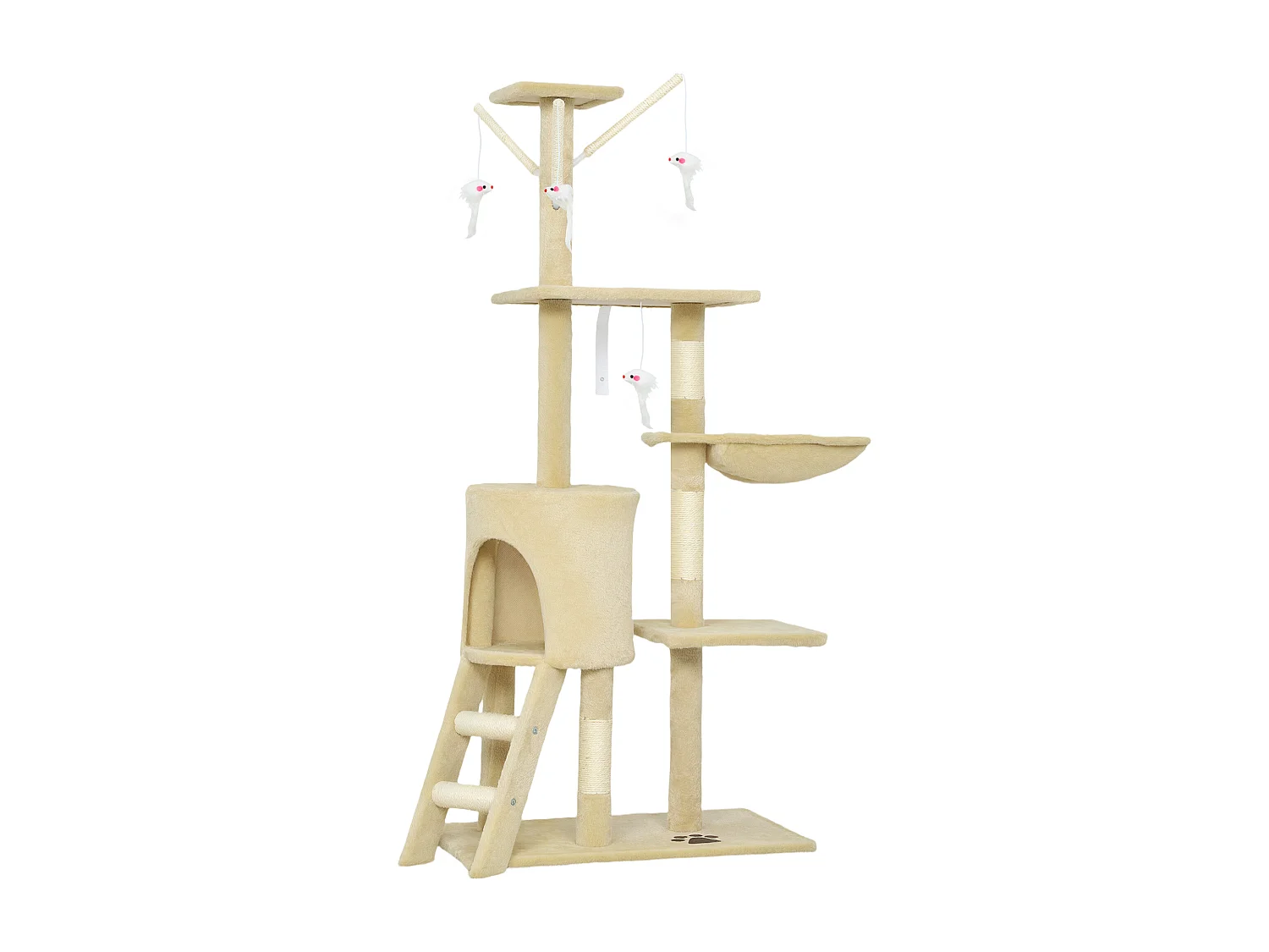 Torre per gatti con casetta, trespolo, piattaforme e 4 topolini beige