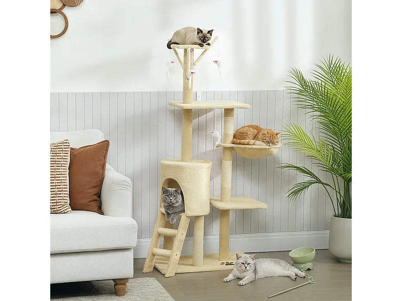 Torre per gatti con casetta, trespolo, piattaforme e 4 topolini beige