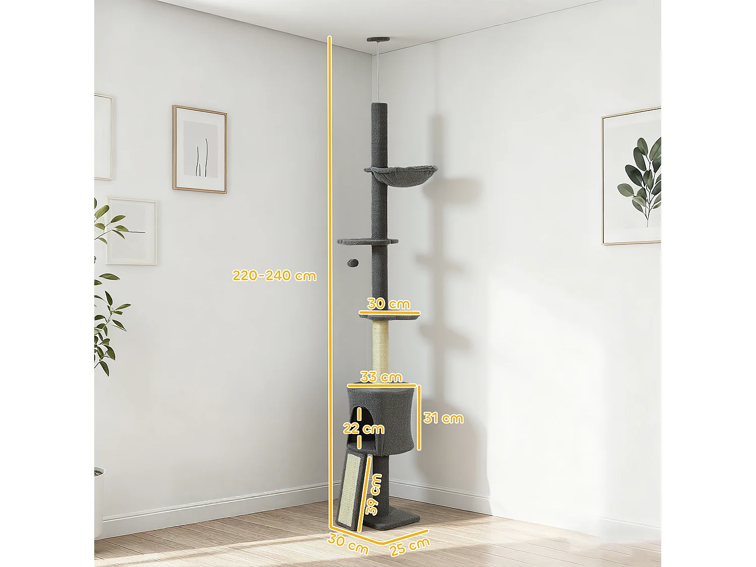 Albero per gatti alto a soffitto con amaca e casetta grigio scuro