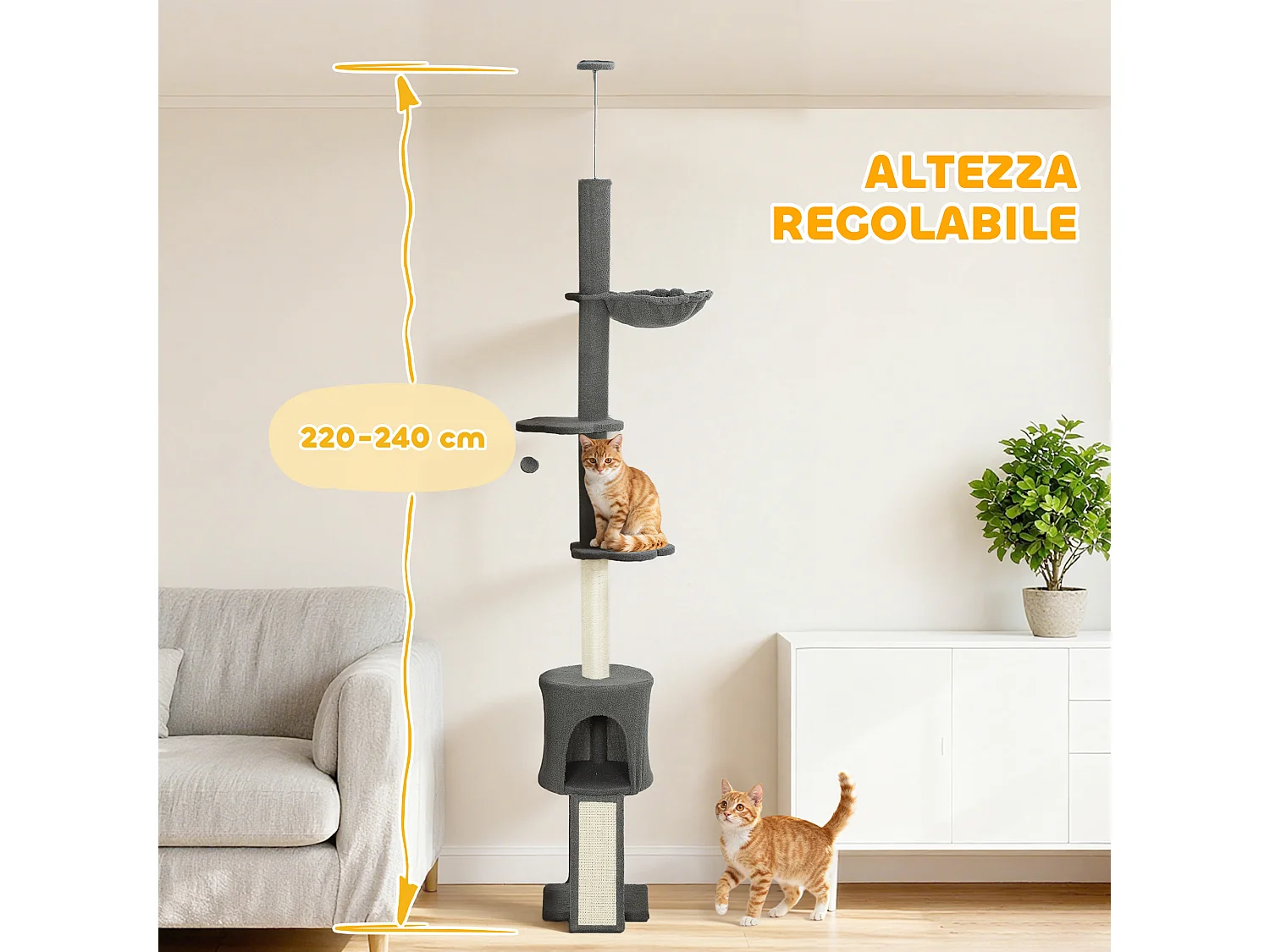 Albero per gatti alto a soffitto con amaca e casetta grigio scuro