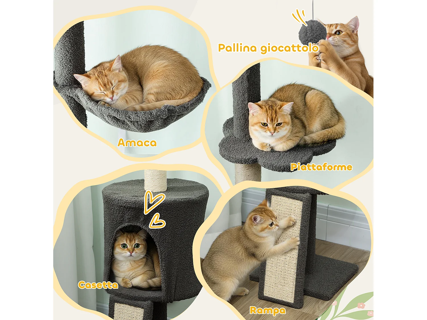 Albero per gatti alto a soffitto con amaca e casetta grigio scuro