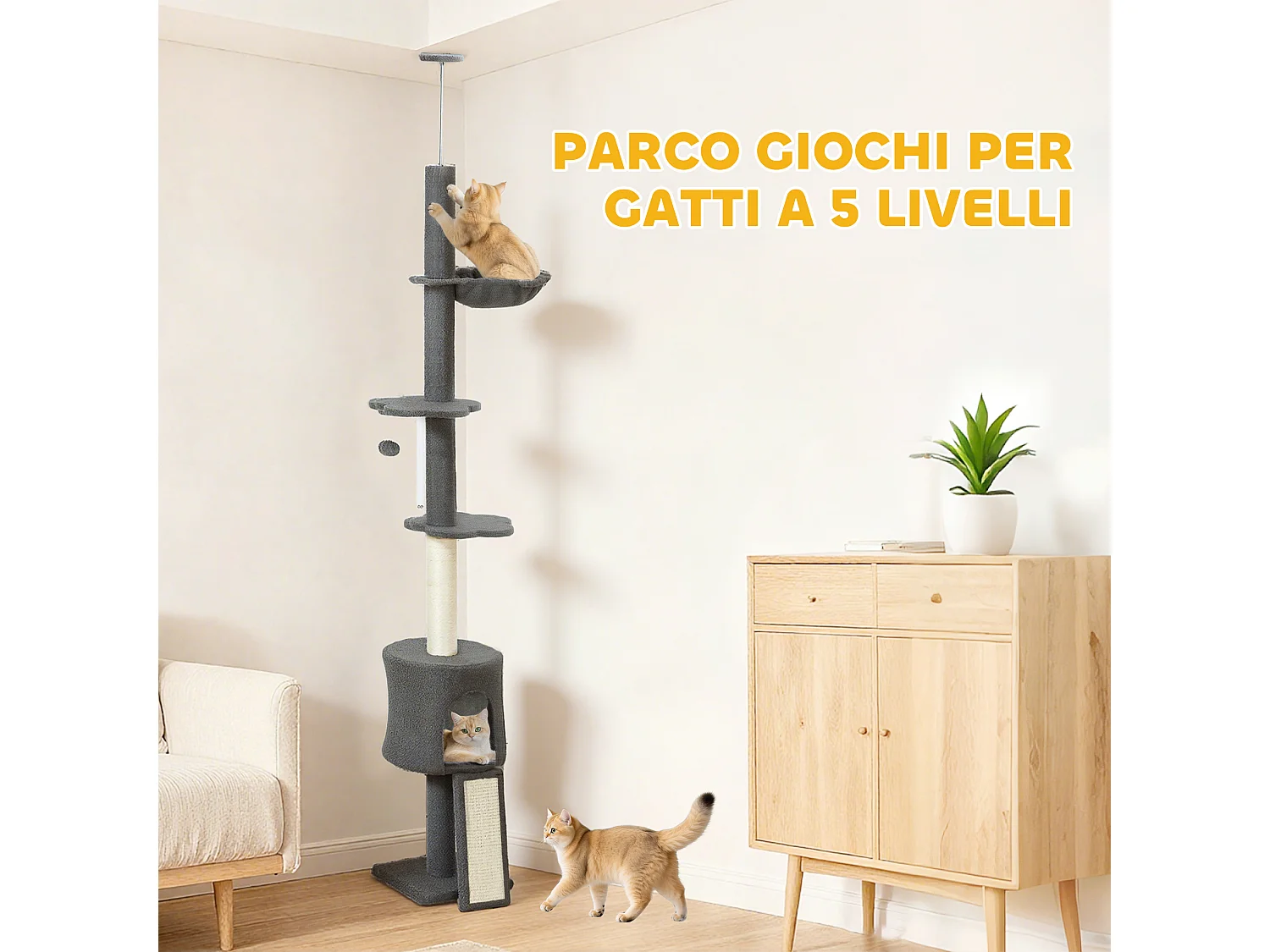 Albero per gatti alto a soffitto con amaca e casetta grigio scuro