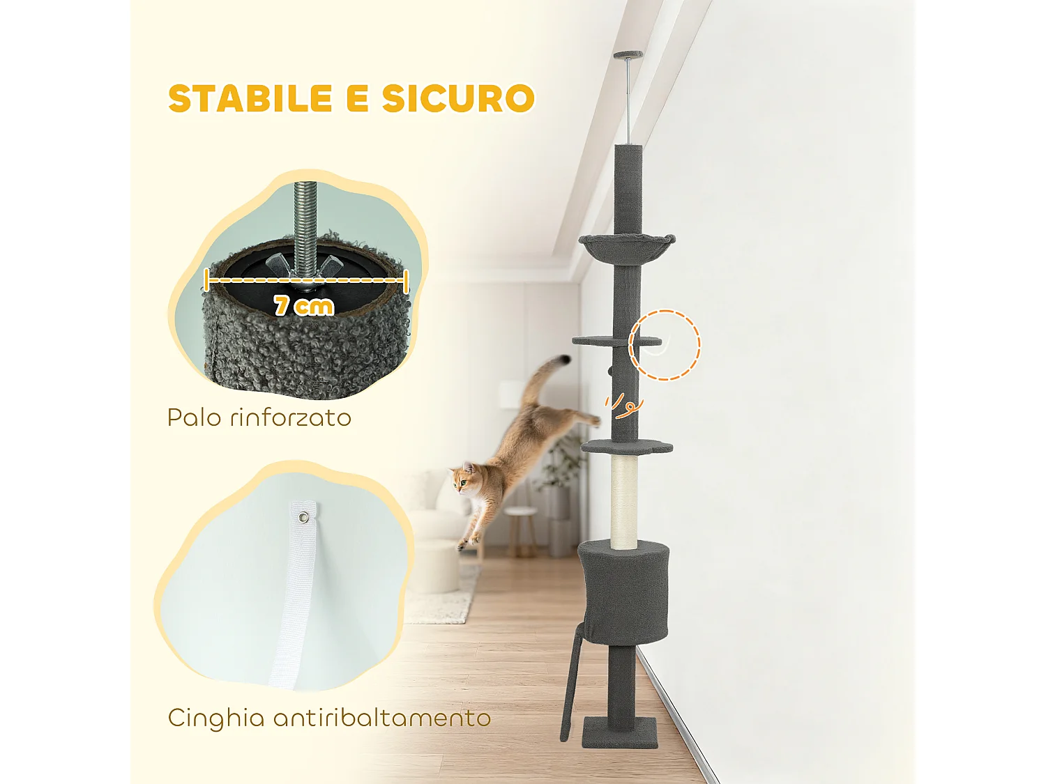 Albero per gatti alto a soffitto con amaca e casetta grigio scuro