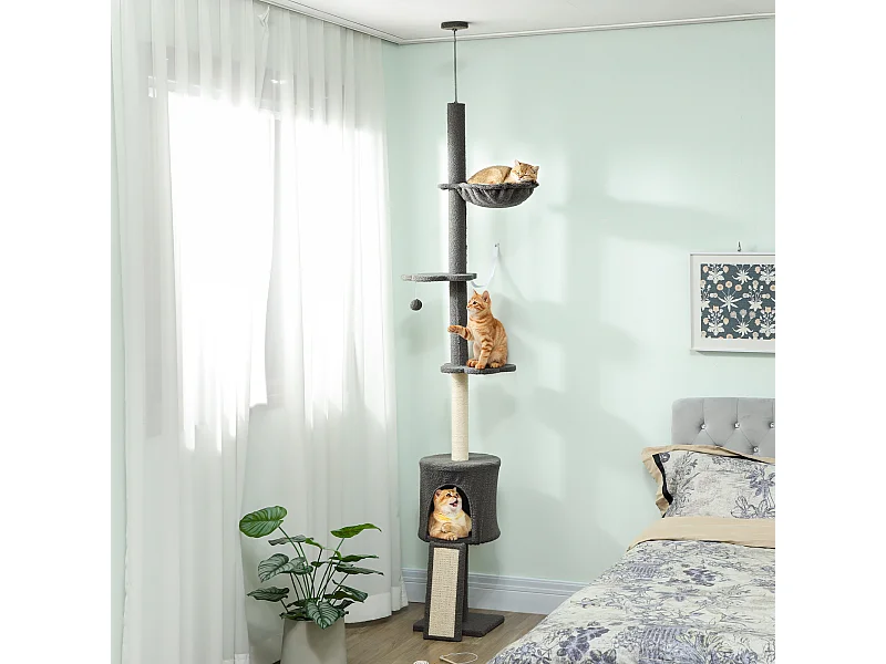 Albero per gatti alto a soffitto con amaca e casetta grigio scuro