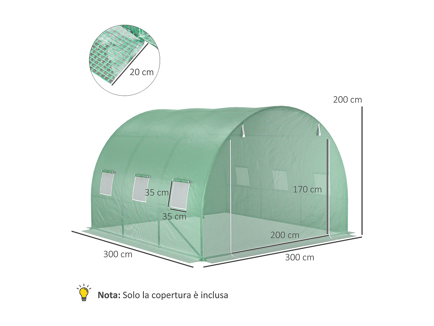 Telo per serra in pe da 6 finestre con bordi interrati 3x3x2 m verde