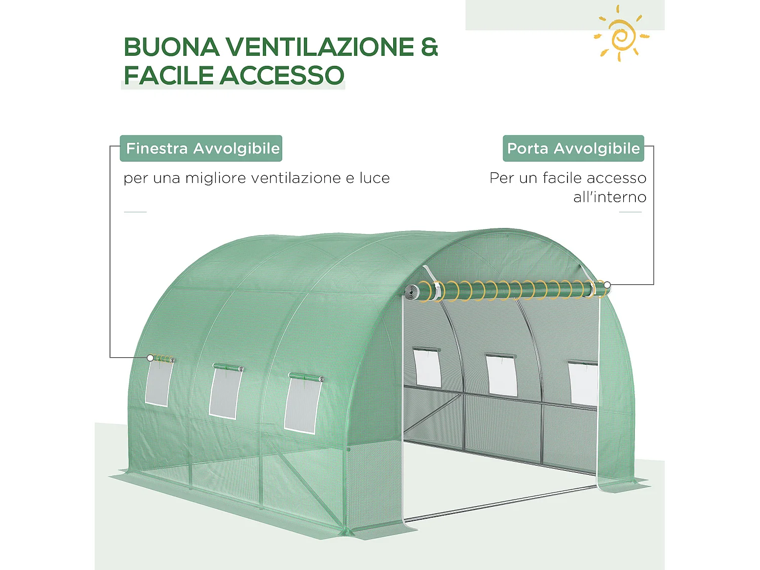 Telo per serra in pe da 6 finestre con bordi interrati 3x3x2 m verde