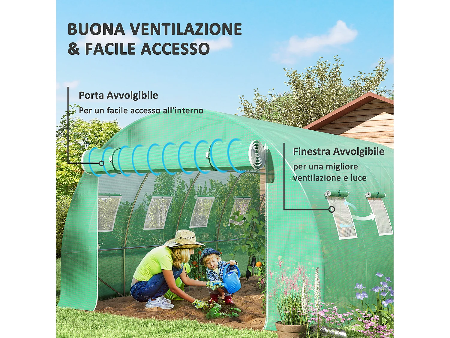 Telo per serra in pe da 8 finestre con bordi interrati 4x3x2 m verde