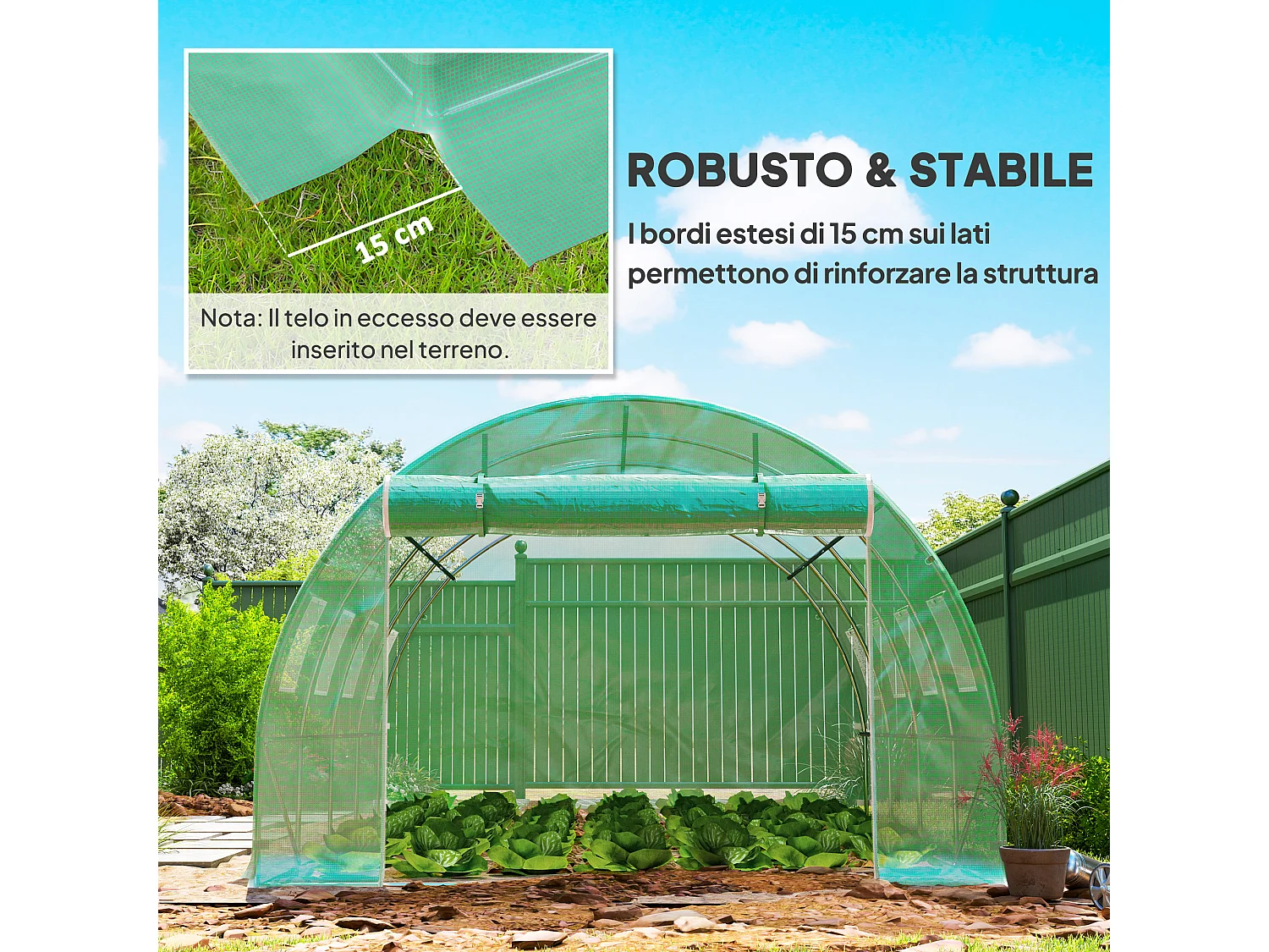 Telo per serra in pe da 8 finestre con bordi interrati 4x3x2 m verde