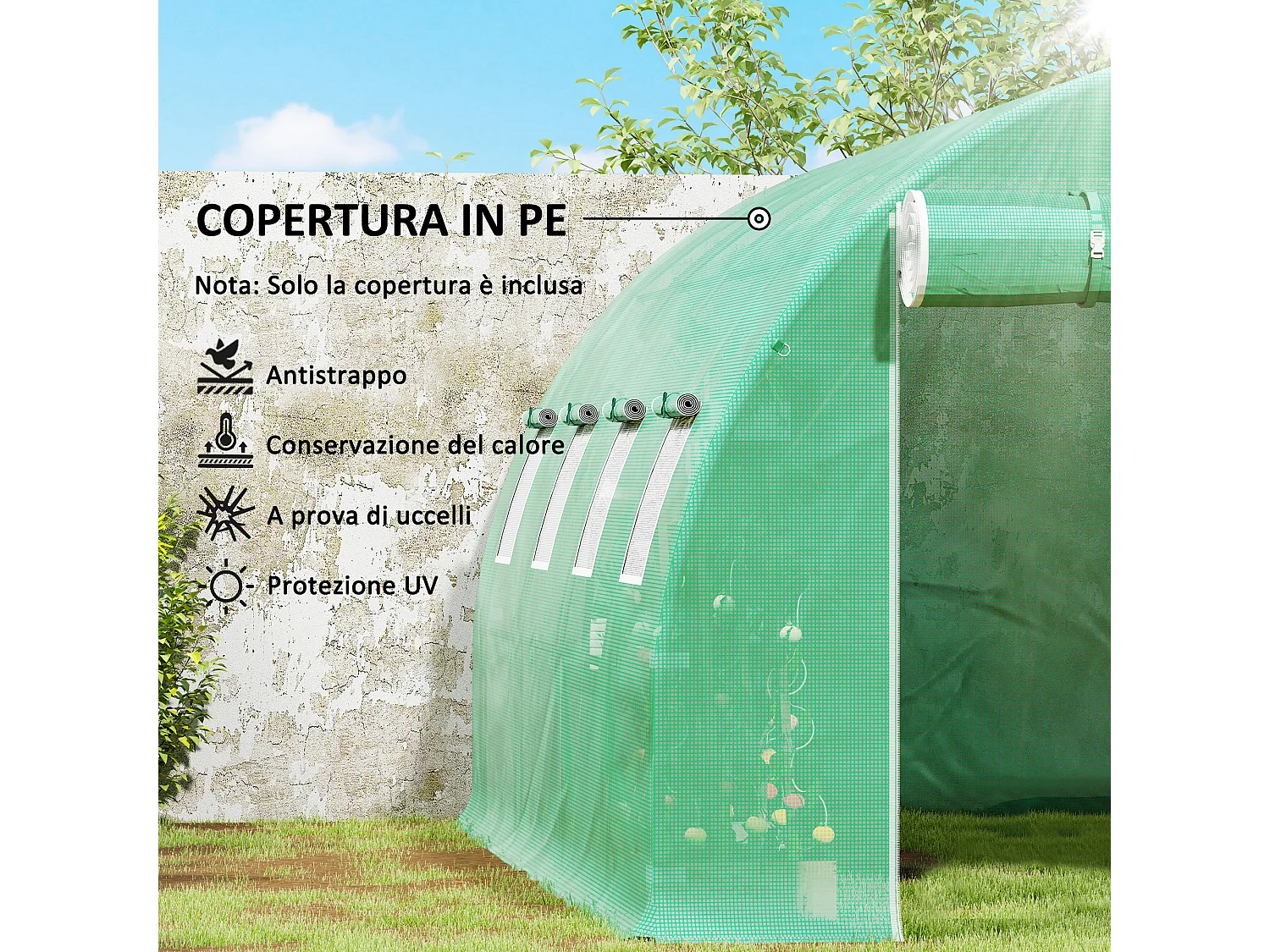 Telo per serra in pe da 8 finestre con bordi interrati 4x3x2 m verde