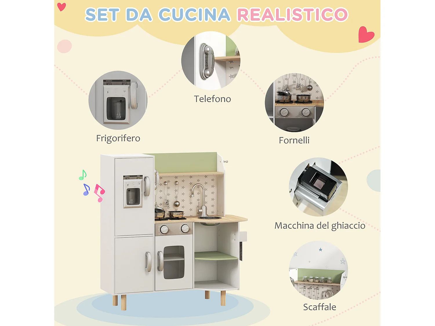 Cucina giocattolo per bambini 3-6 anni con ripiani e cassetti