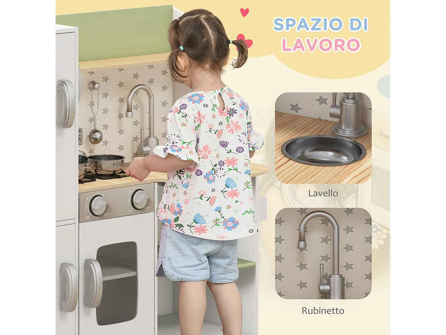 Cucina giocattolo per bambini 3-6 anni con ripiani e cassetti