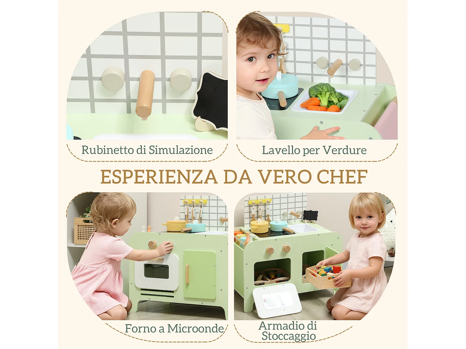 Set cucina giocattolo per bambini con 15 accessori in legno verde