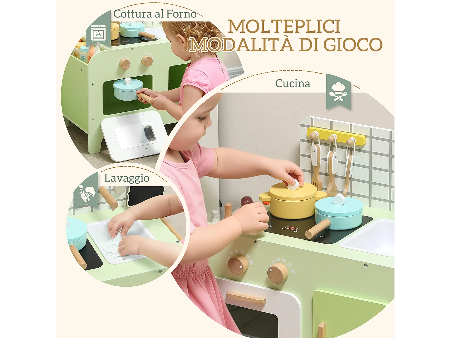 Set cucina giocattolo per bambini con 15 accessori in legno verde