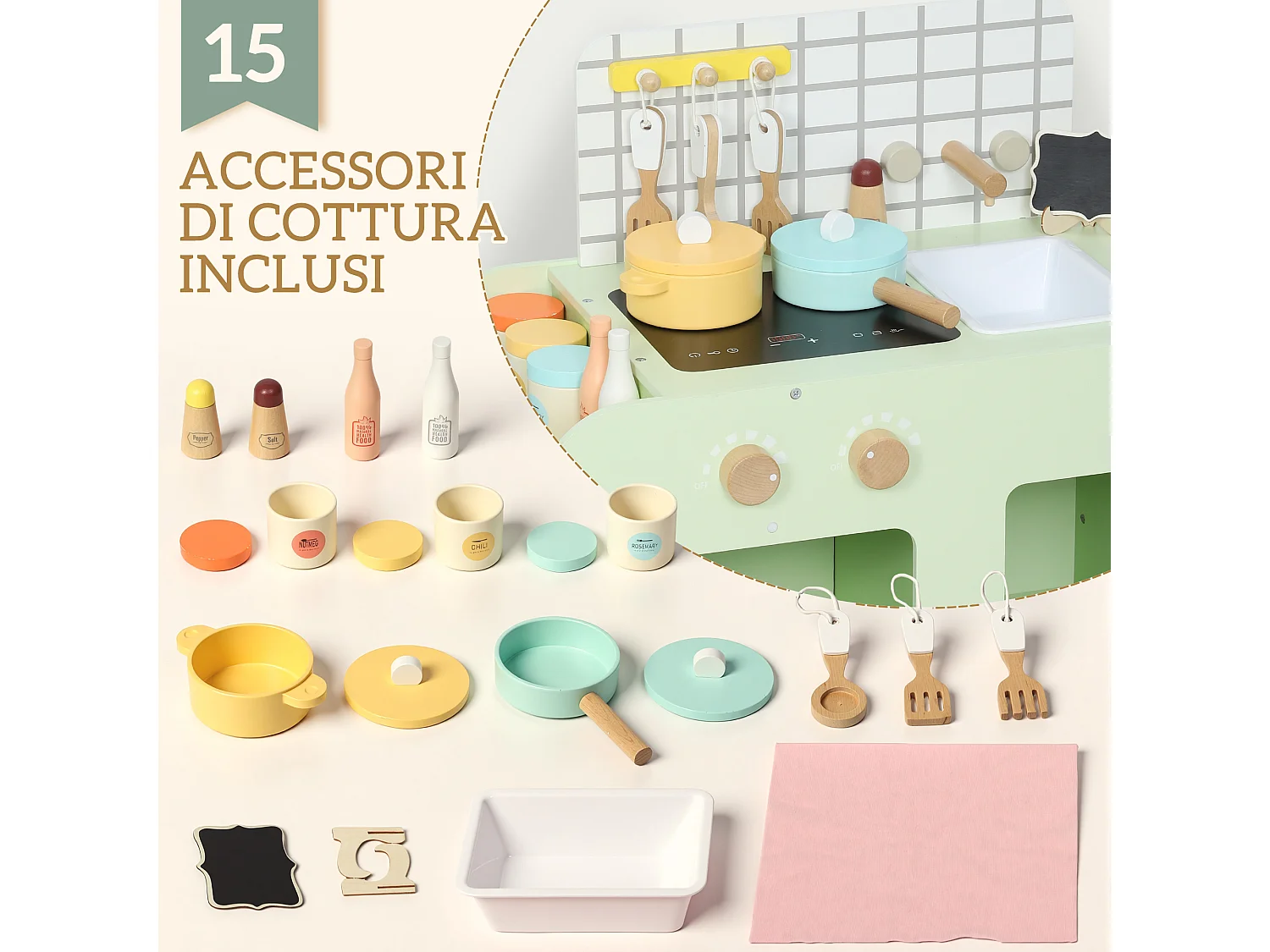 Set cucina giocattolo per bambini con 15 accessori in legno verde