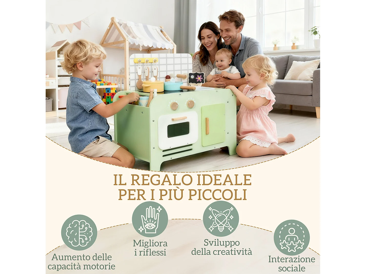 Set cucina giocattolo per bambini con 15 accessori in legno verde