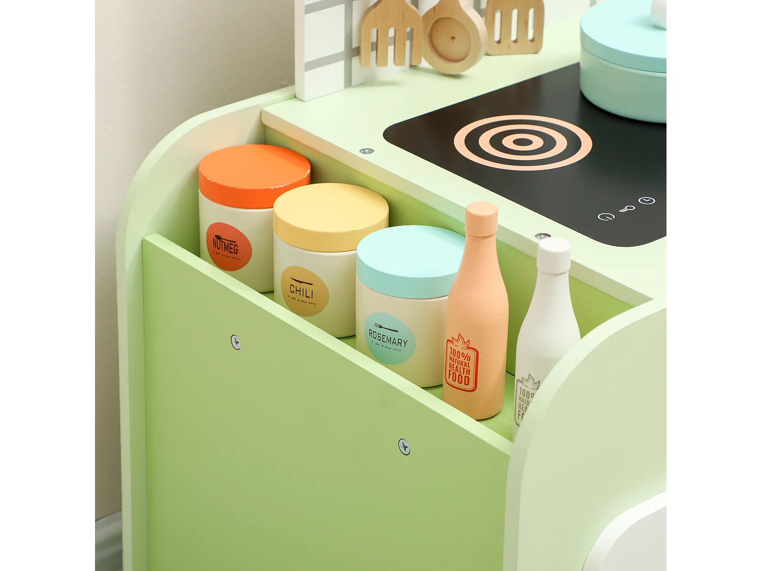 Set cucina giocattolo per bambini con 15 accessori in legno verde