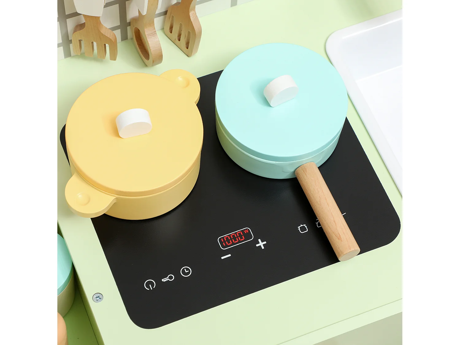 Set cucina giocattolo per bambini con 15 accessori in legno verde