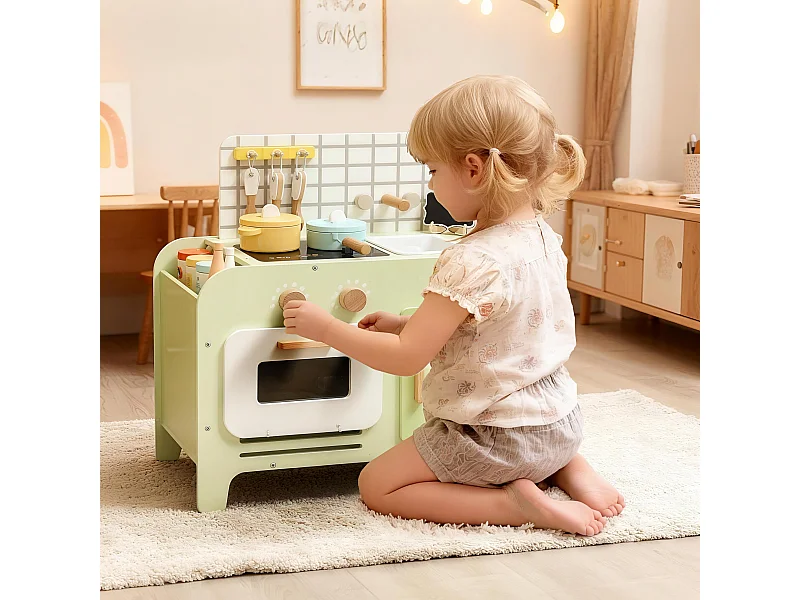 Set cucina giocattolo per bambini con 15 accessori in legno verde