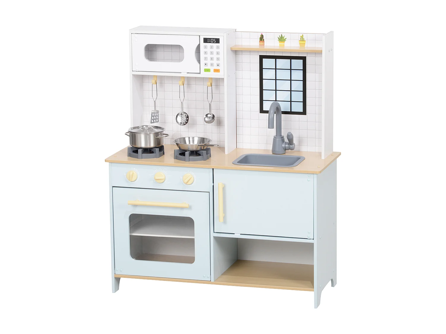 Cucina giocattolo per bambini con fornelli e armadietti blu e bianco