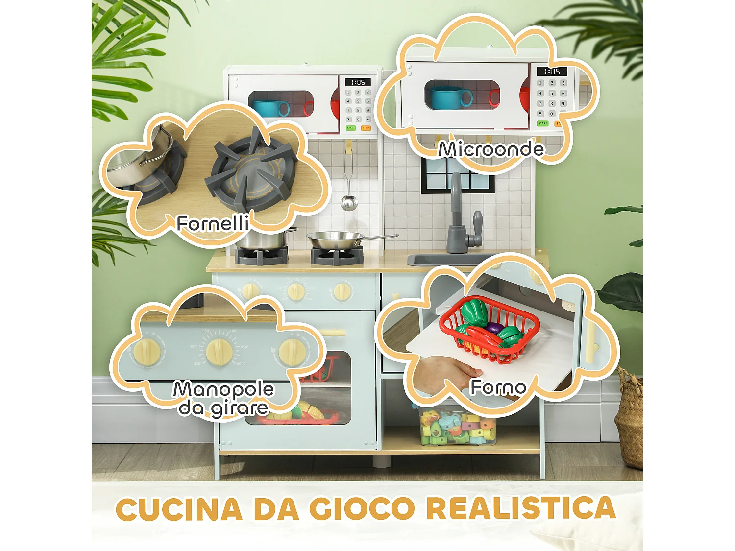 Cucina giocattolo per bambini con fornelli e armadietti blu e bianco