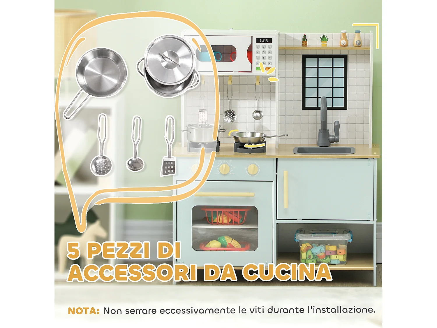 Cucina giocattolo per bambini con fornelli e armadietti blu e bianco