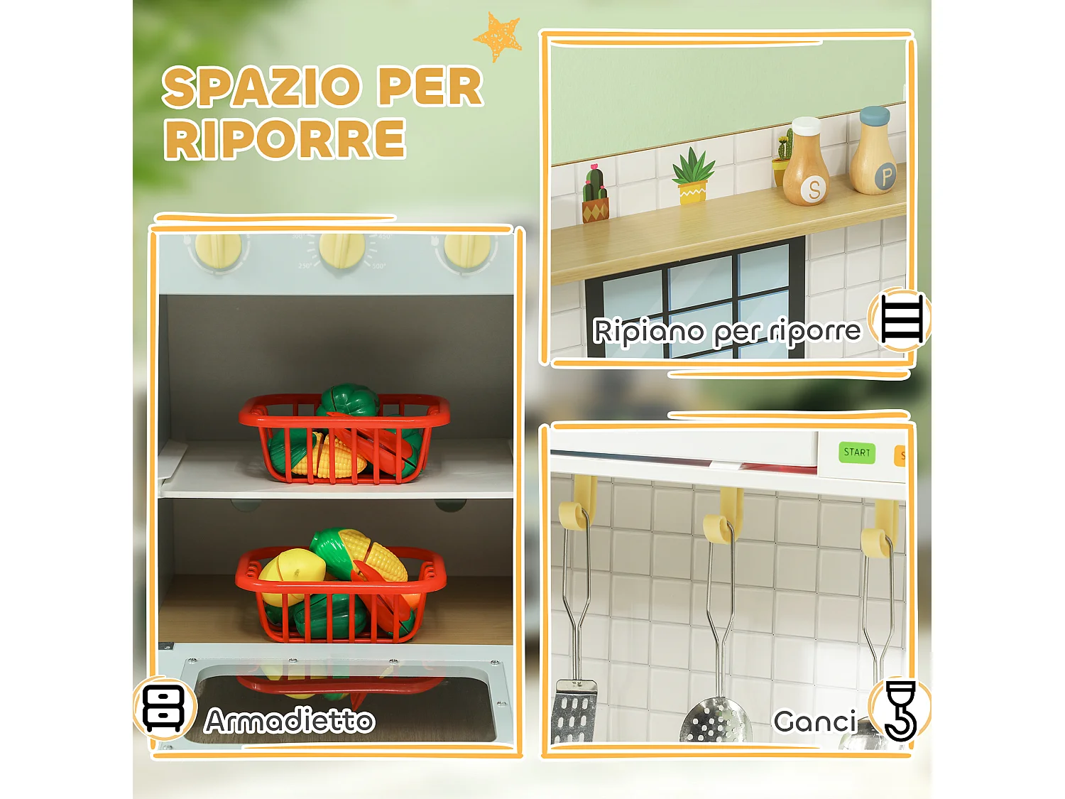 Cucina giocattolo per bambini con fornelli e armadietti blu e bianco