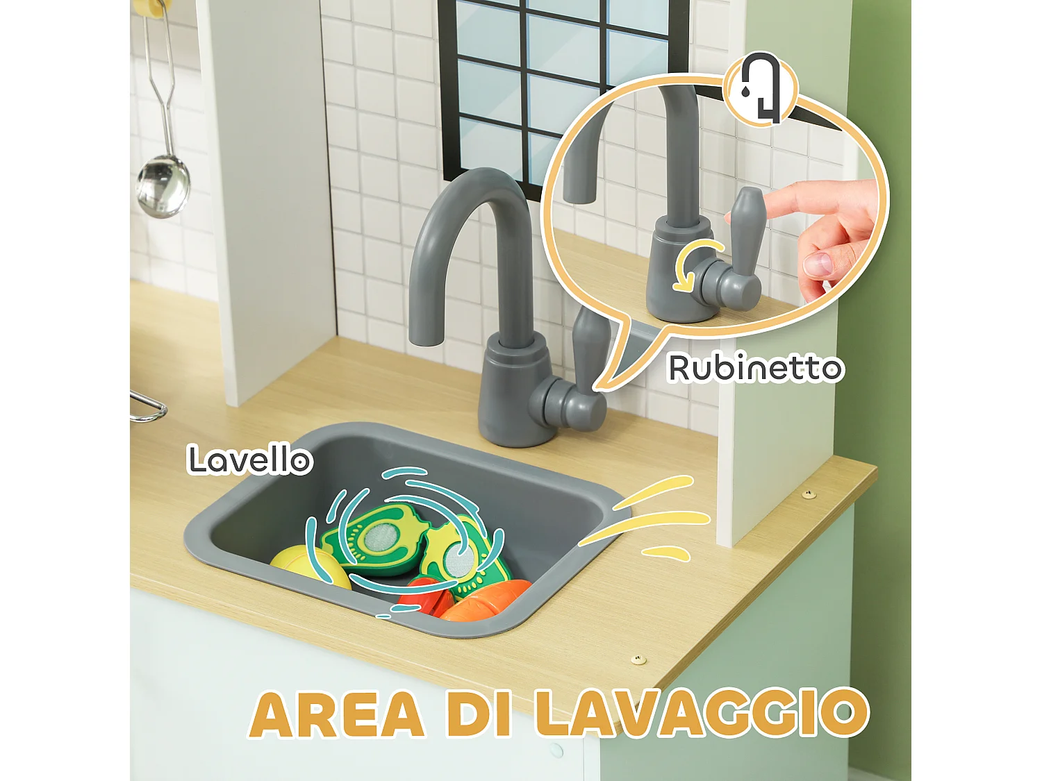 Cucina giocattolo per bambini con fornelli e armadietti blu e bianco