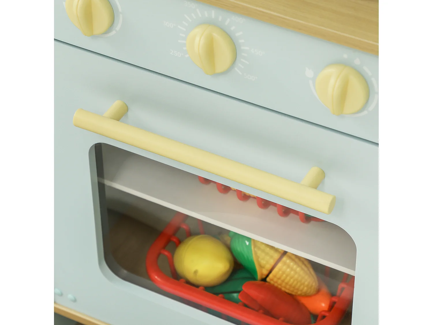 Cucina giocattolo per bambini con fornelli e armadietti blu e bianco