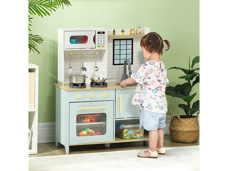 Cucina giocattolo per bambini con fornelli e armadietti blu e bianco