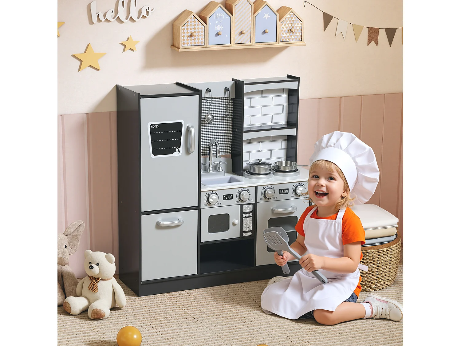Cucina giocattolo per bambini 3-8 anni con accessori in legno marrone