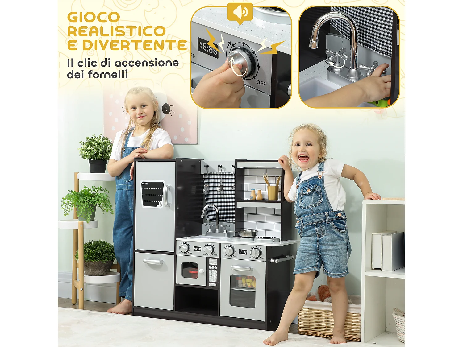 Cucina giocattolo per bambini 3-8 anni con accessori in legno marrone
