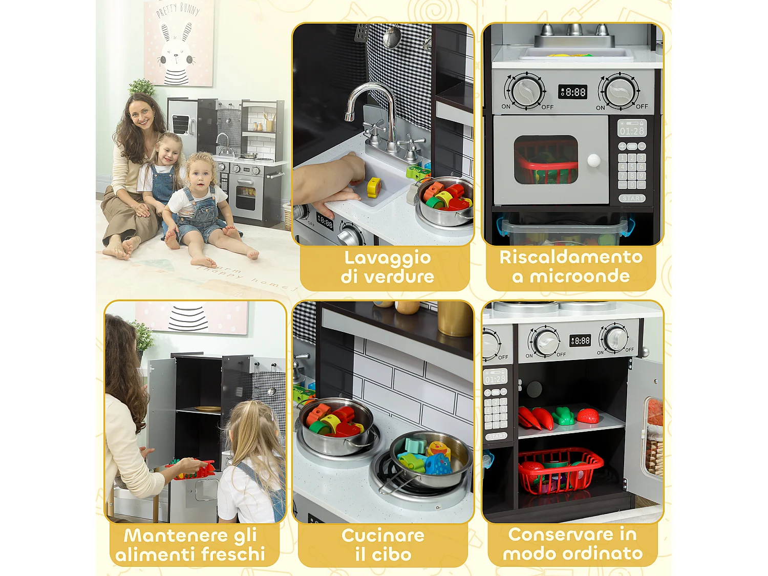 Cucina giocattolo per bambini 3-8 anni con accessori in legno marrone