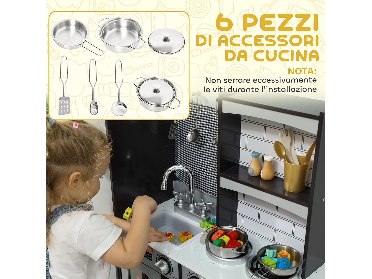 Cucina giocattolo per bambini 3-8 anni con accessori in legno marrone