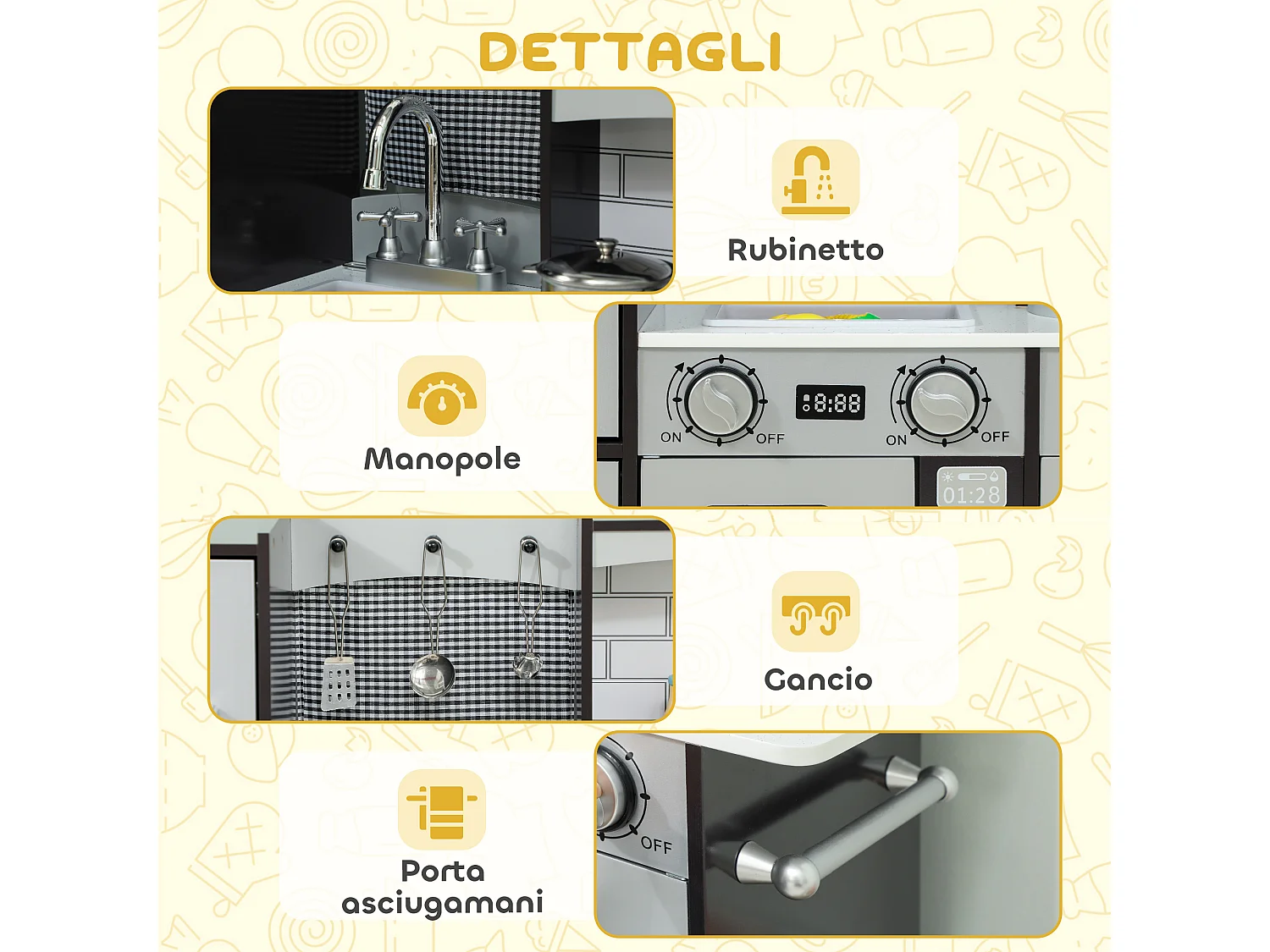 Cucina giocattolo per bambini 3-8 anni con accessori in legno marrone